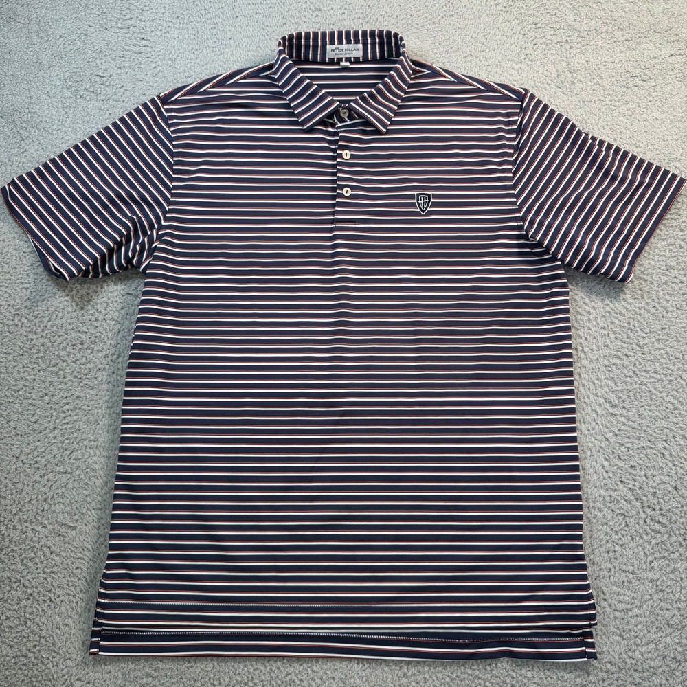 Peter Millar Summer Comfort Mens Large Navy Blue Orange Striped Golf Polo Shirt